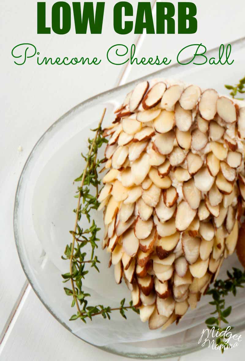 low carb easy to make cheese ball on a platter in the shape of a pinecone