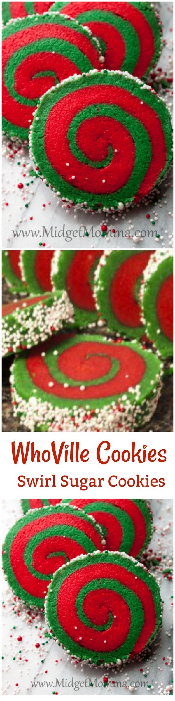 These Whoville cookies are a great take on a yummy sugar cookie. They are just two different colored sugar dough rolled up with fun sprinkles. Christmas sugar cookie, red christmas cookie, green christmas cookie, fun christmas cookie, sugar cookies, rolled cookies, holiday cookies, red and green christmas cookies.