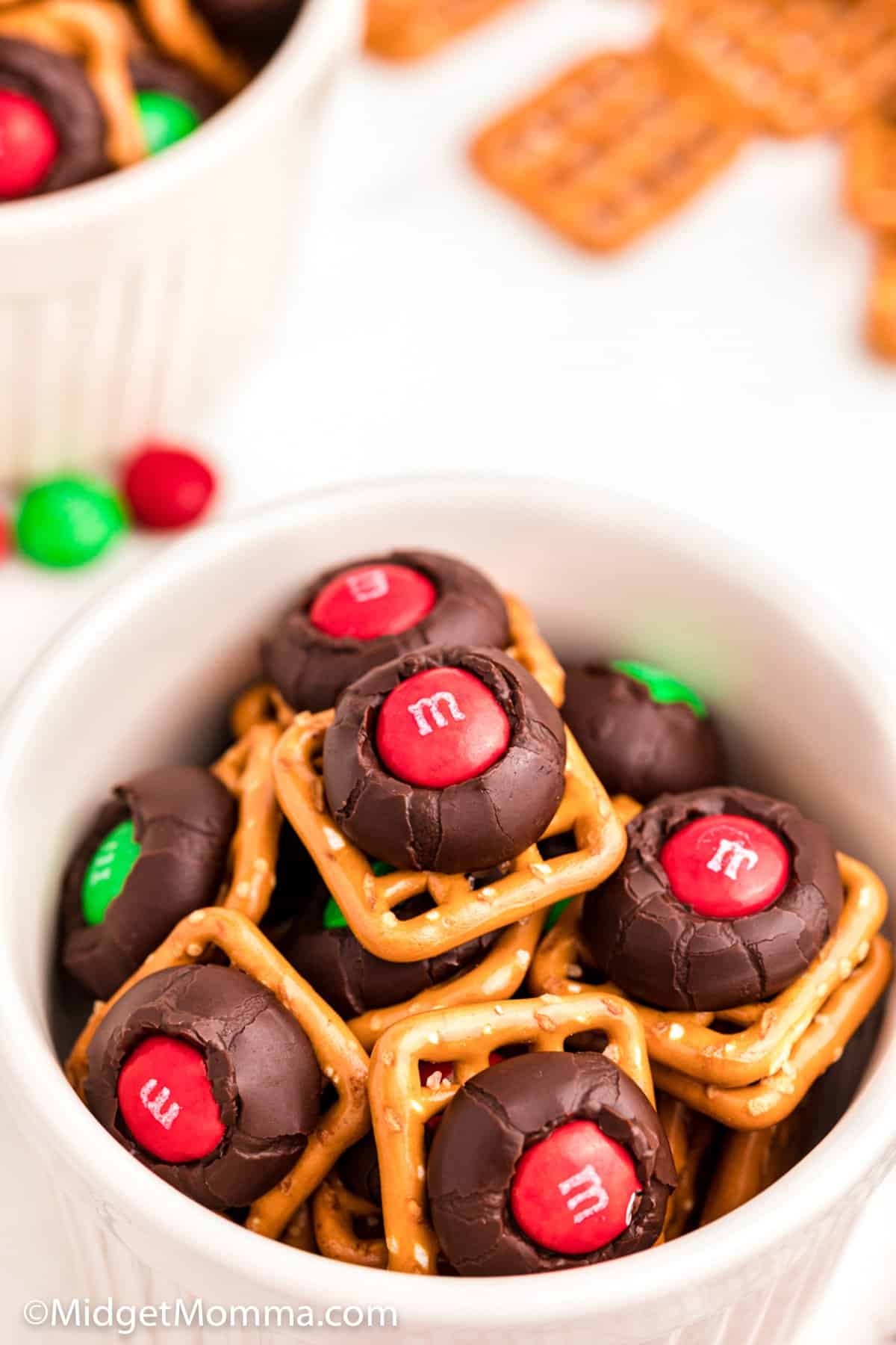 Chocolate Pretzel Hugs with Red and Green Holiday Candies Recipe