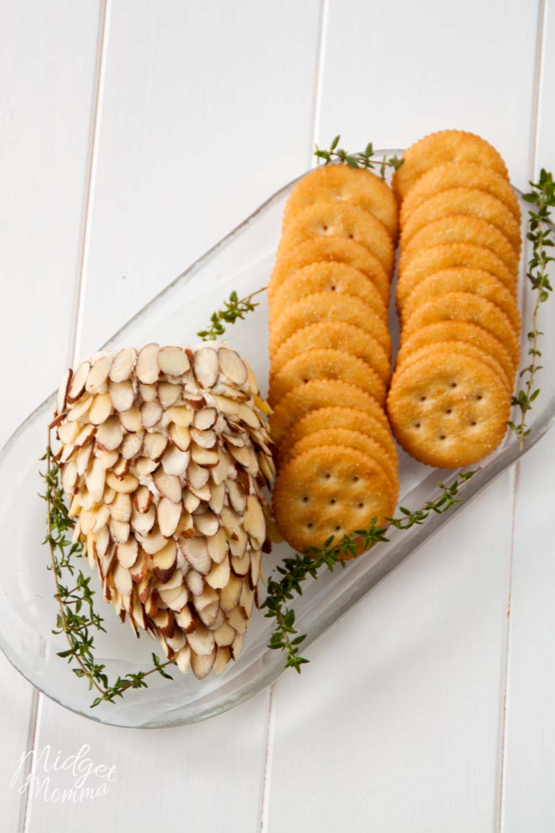 pinecone cheese ball with crackers on a tray