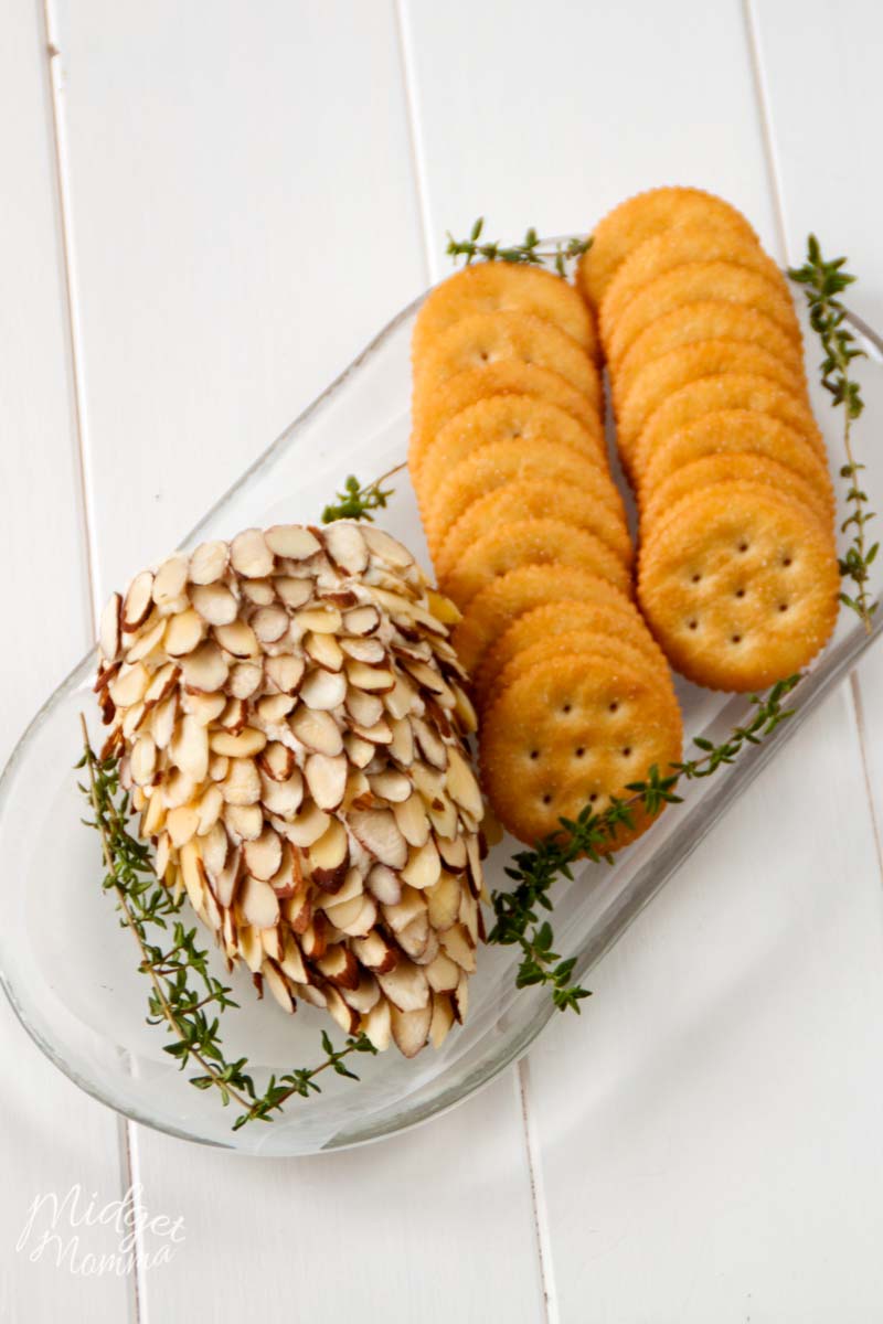 pinecone cheese ball on a platter