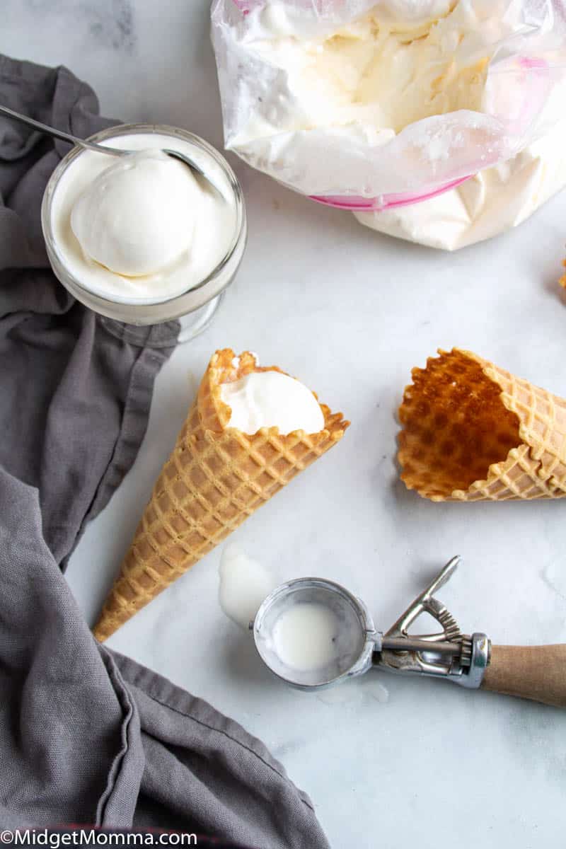 homemade ice cream in a bag with a cone and a bowl of ice cream