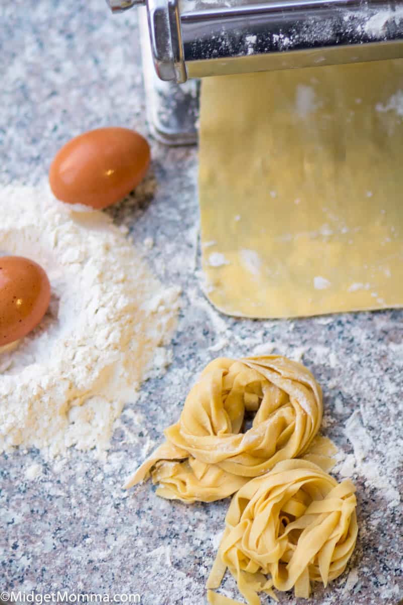 how to make homemade pasta - pasta dough, eggs, flour, pasta cutter
