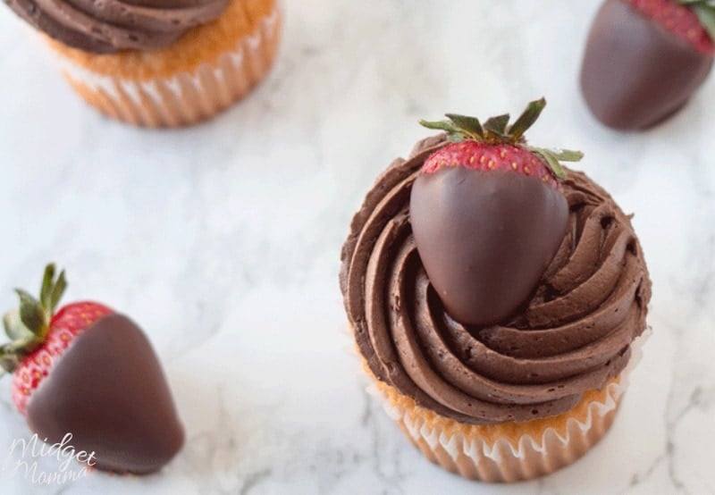 chocolate covered strawberry cupcakes. Strawberry cupcakes with homemade chocolate buttercream topped with chocolate covered strawberries.