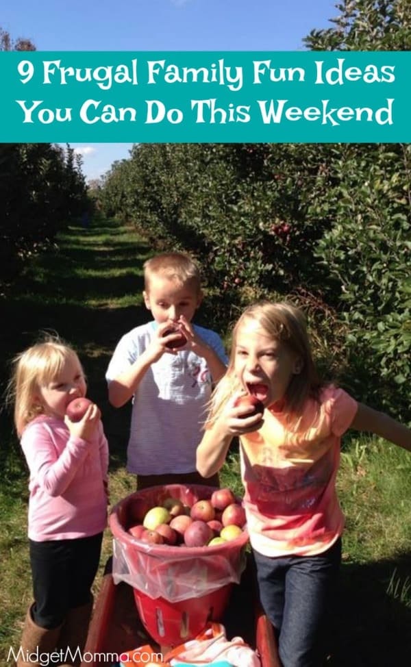 3 children eating apples in an orchard.