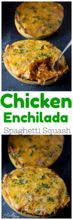Amazing Chicken Enchilada Spaghetti Squash dinner. Low carb Chicken Enchilada recipe that is bursting with flavor. Easy to make Chicken Spaghetti Squash dinner. #Chicken #Enchilada #Recipe #SpaghettiSquash