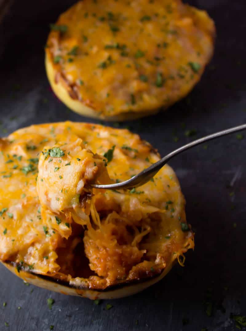 Chicken Enchilada Stuffed Spaghetti Squash • MidgetMomma