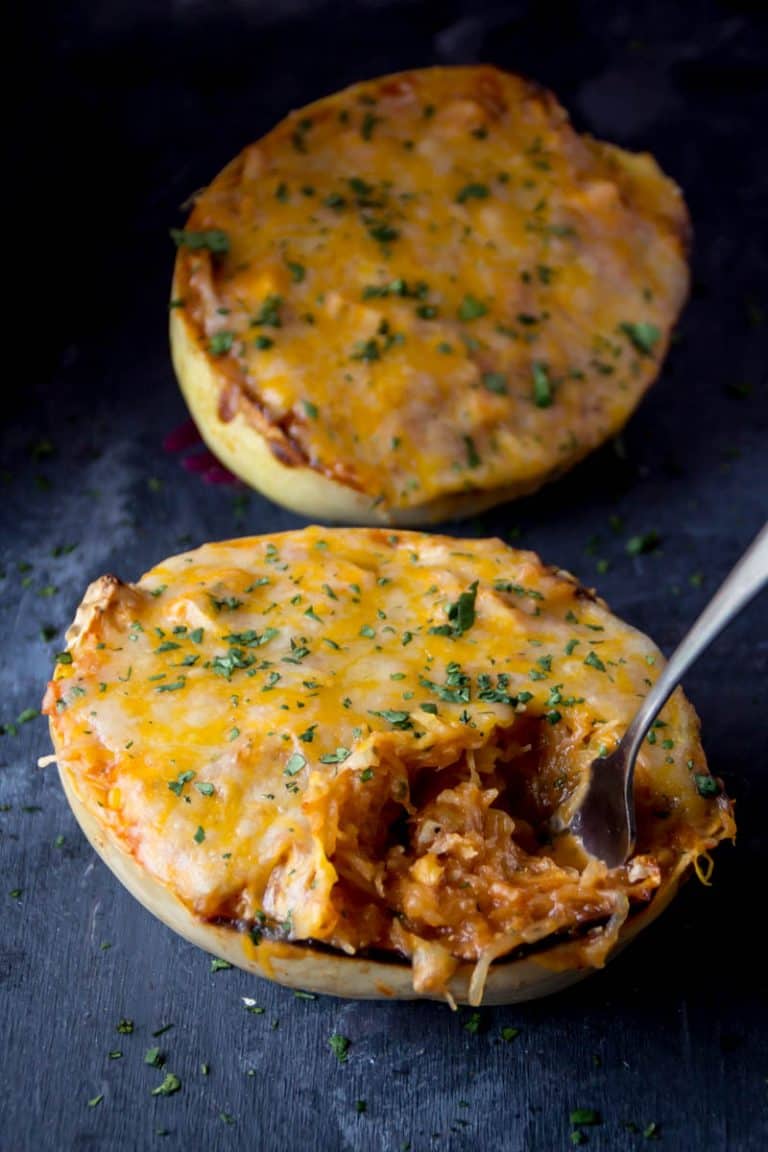 Chicken Enchilada Stuffed Spaghetti Squash • MidgetMomma
