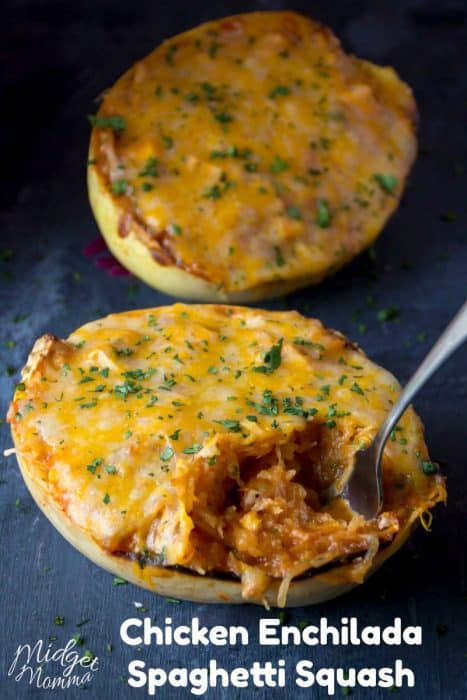 Amazing Chicken Enchilada Spaghetti Squash dinner. Low carb Chicken Enchilada recipe that is bursting with flavor. Easy to make Chicken Spaghetti Squash dinner. #Chicken #Enchilada #Recipe #SpaghettiSquash