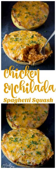 Amazing Chicken Enchilada Spaghetti Squash dinner. Low carb Chicken Enchilada recipe that is bursting with flavor. Easy to make Chicken Spaghetti Squash dinner. #Chicken #Enchilada #Recipe #SpaghettiSquash