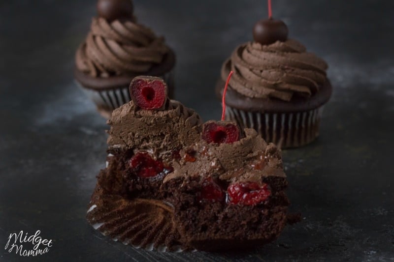 Chocolate Covered Cherry Cupcakes - Chocolate cupcakes topped with chocolate buttercream and chocolate covered cherries.