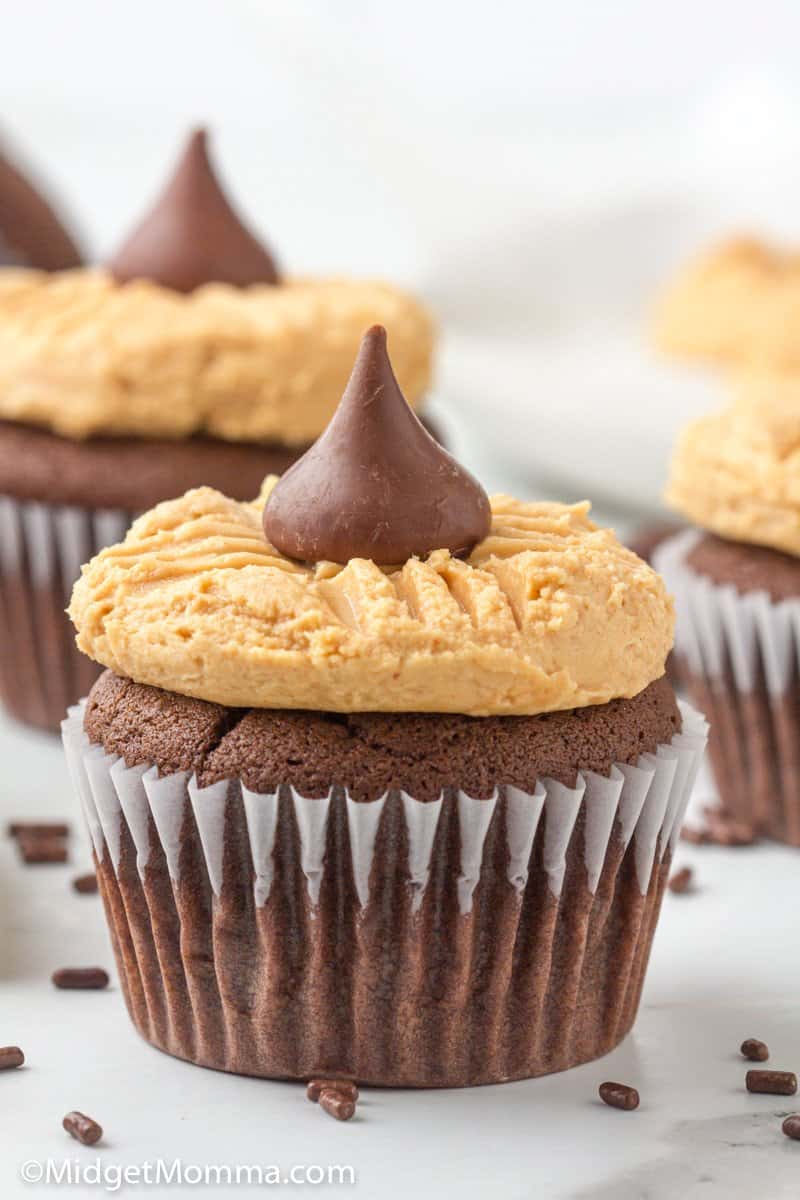 close up photo of Peanut Butter Blossom Cupcakes