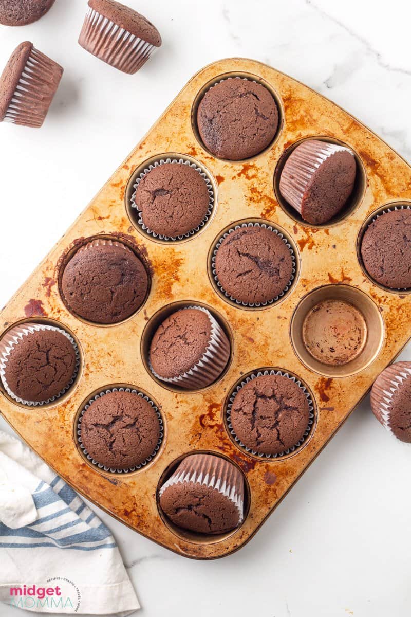 baked chocolate cupcakes in a cupcake tin