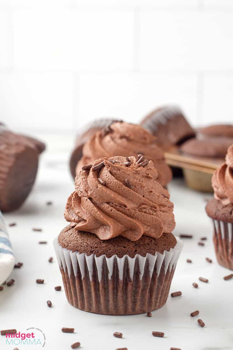 single cupcake in the front with more chocolate cupcakes in the background