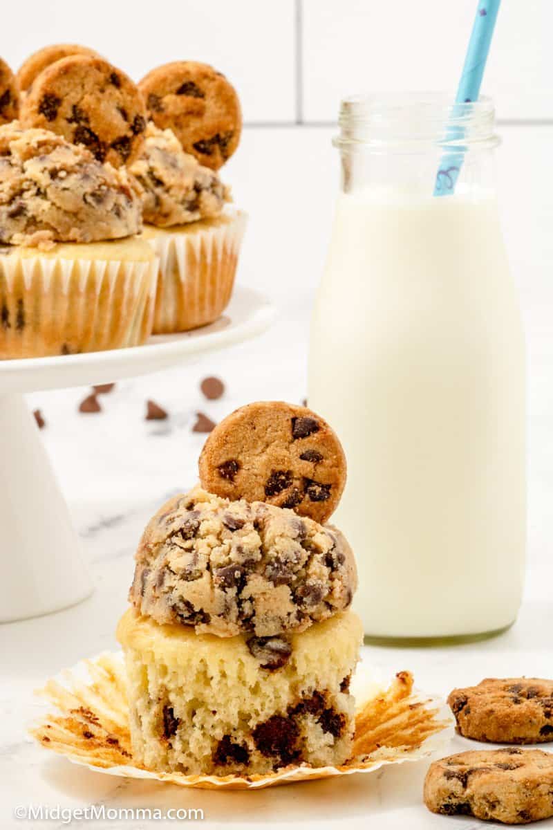 Chocolate Chip Cupcakes with the wrapper pulled off and a glass of milk