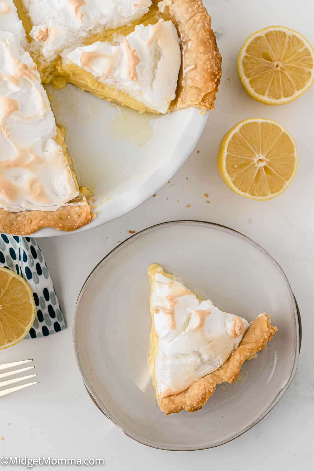 overhead photo of a slice of Lemon Meringue Pie  on a plate