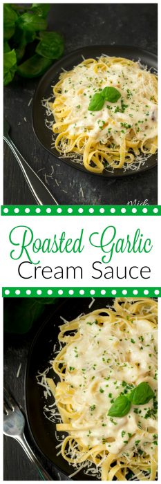 Roasted Garlic Cream Sauce. This pasta sauce is perfect over pasta or zoodles. Make some pasta, this amazing sauce and then if you want to some chicken or shrimp and you have one amazing pasta dish! #pasta #garlic #garlicsauce #pastaSauce #roastedGarlic #dinner