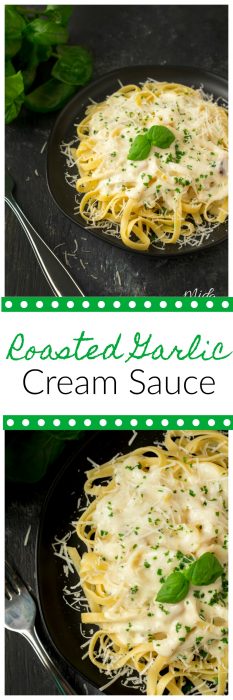Roasted Garlic Cream Sauce. This pasta sauce is perfect over pasta or zoodles. Make some pasta, this amazing sauce and then if you want to some chicken or shrimp and you have one amazing pasta dish! #pasta #garlic #garlicsauce #pastaSauce #roastedGarlic #dinner