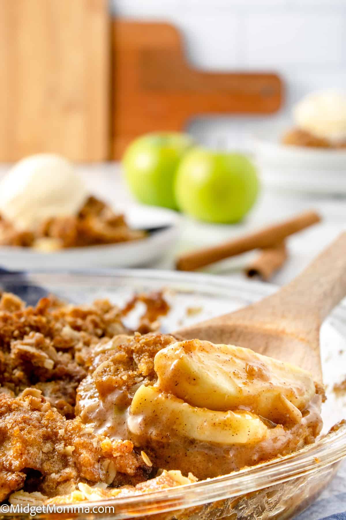 close up photo of easy Apple Crisp recipe in a baking dish