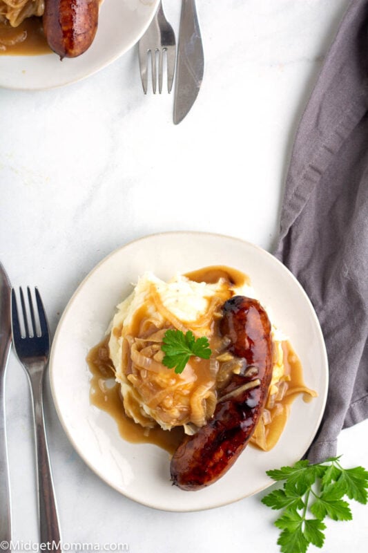 Irish Bangers and Mash with Guinness Onion Gravy • MidgetMomma