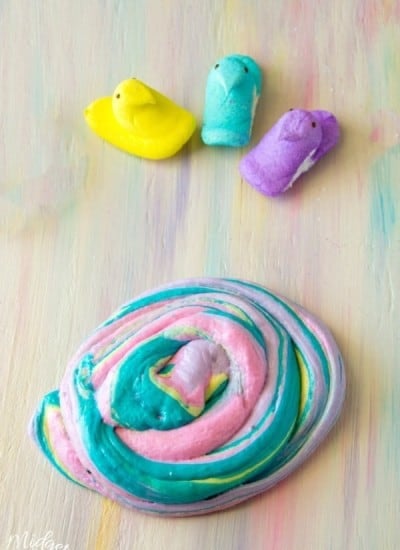 Edible Unicorn Poop Peeps Slime in a slime swirl