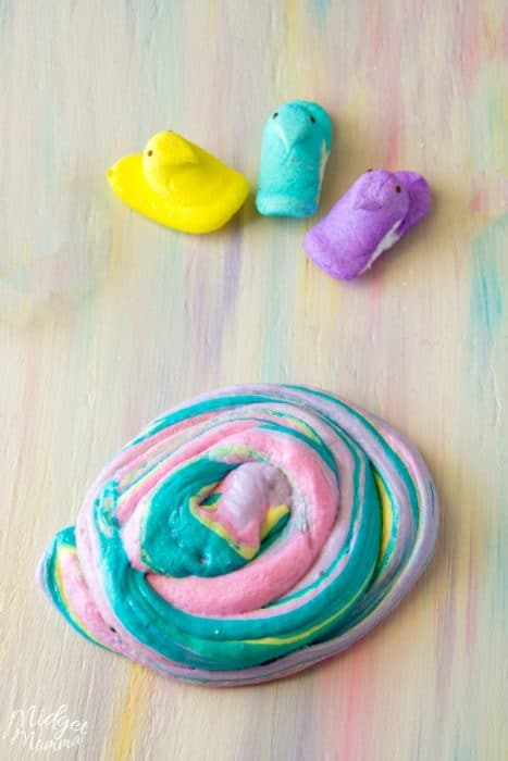 Edible Unicorn Poop Peeps Slime in a slime swirl