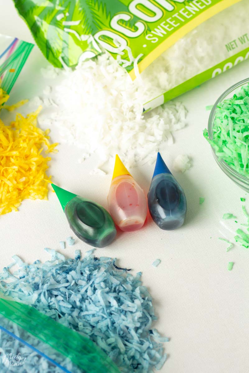 food coloring and coconut on the counter