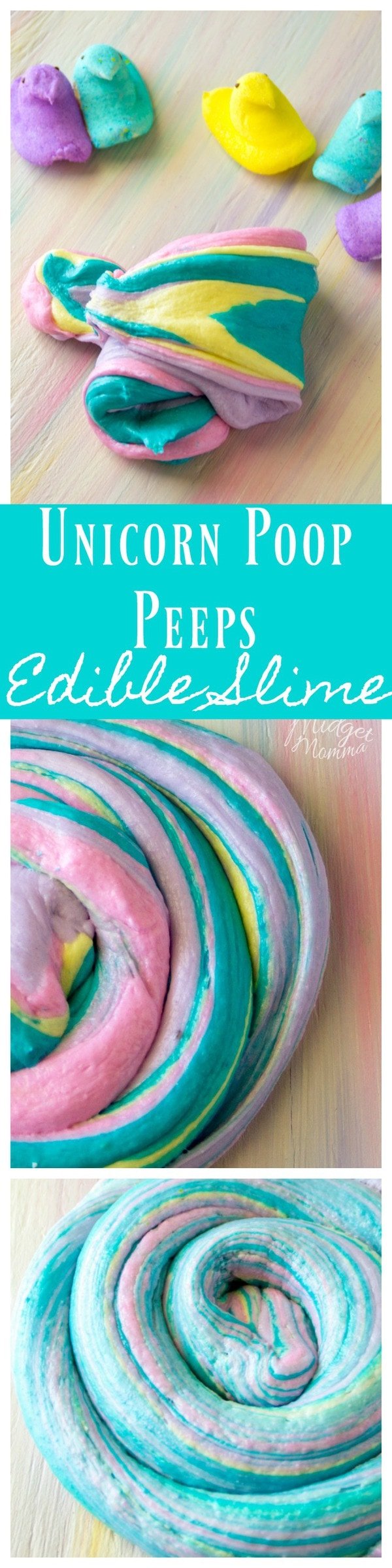 Unicorn Poop PEEPS Edible SLIME Recipe is the most amazing edible unicorn poop slime you can make. Made with peeps in the microwave and a few other totally edible ingredients you and your kids are going to have a ton of tasty fun with this edible slime recipe