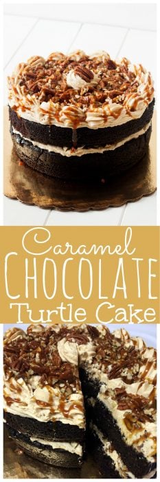 Caramel Chocolate Turtle cake is one of my favorite cakes. An easy chocolate layer cake with homemade caramel sauce, homemade chocolate cake and homemade caramel frosting. Put it all together and you have a chocolate cake everyone will love! #Chocolate #Caramel #Turtle #turtlecake #chocolatecake #CaramelIcing #homemadecaramel