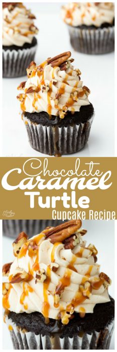 This Chocolate Caramel Turtle Cupcakes Recipe is always a hit when I make it. Made with homemade caramel frosting, homemade caramel sauce and amazing homemade chocolate cupcakes. Put it all together and you have an amazing chocolate caramel cupcake that is sure to wow everyone! #Chocolate #Caramel #Turtle #Cupcake #ChocolateCupcake #CaramelFrosting #CaramelIcing #CaramelButtercream This Chocolate Caramel Turtle Cupcakes Recipe is always a hit when I make it. Made with homemade caramel frosting, homemade caramel sauce and amazing homemade chocolate cupcakes. Put it all together and you have an amazing chocolate caramel cupcake that is sure to wow everyone! #Chocolate #Caramel #Turtle #Cupcake #ChocolateCupcake #CaramelFrosting #CaramelIcing #CaramelButtercream