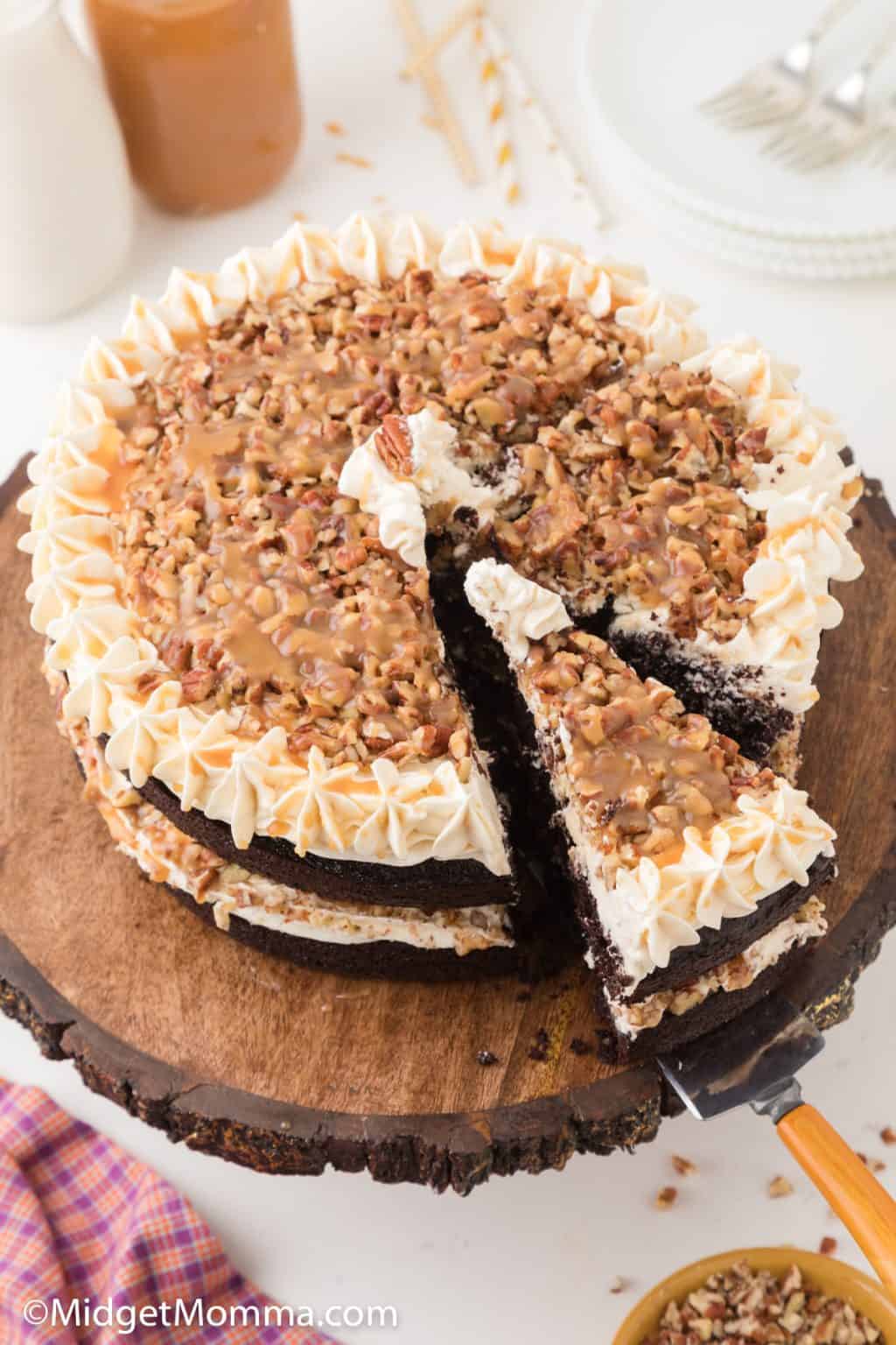 Caramel Turtle Cake Made with Homemade Chocolate Cake