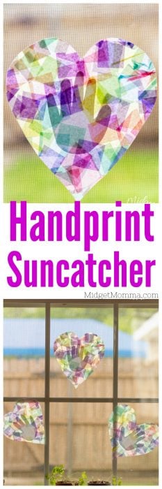 Make this beautiful handprint suncatcher kids craft with the kids. It is great for kids to make and give as a gift to mom and dad. This suncatcher made with handprints Perfect for preschoolers and kindergarteners! It is also a great summer time craft. @Midgetmomma #craft #MothersDay #Handprint #HandprintCraft #kidshandprint #Kidscraft #Summercraft #Handprints #Handprintscraft #Suncatcher #suncatchercraft 