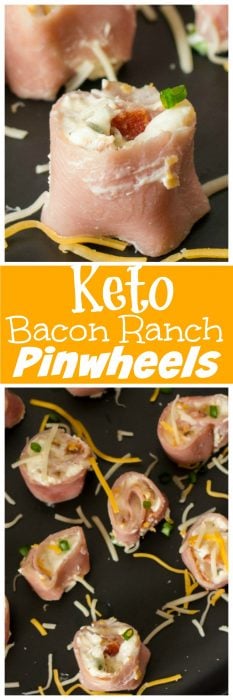 Bacon Ranch Pinwheels are the perfect Keto friendly lunch or snack. Easy to make for meal prepping ahead of time while staying with your Keto diet plan. Using salami, ham or turkey you can change up the flavors of these tasty keto pinwheels. #Keto #lowcarb #bacon #ranch #salami #Ham #turkey #Pinwheel #Ketolunch #ketosnack