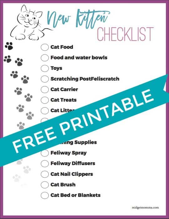 Check list for getting a new cat. Printable check list for new kittens with everything you need to get for a new kitten. #Kitten #Cat #Printable #NewKitten #NewCat #CatNeeds #KidsPrintable