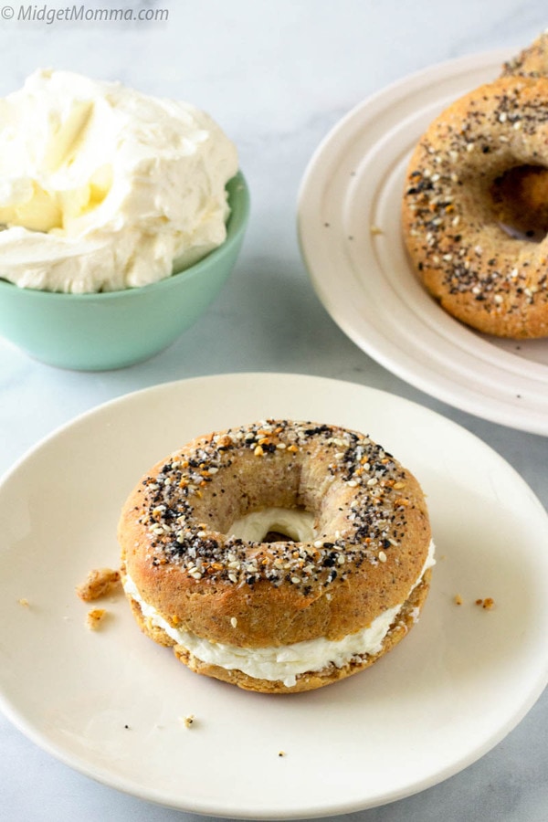 keto bagel with everything bagel seasoning and cream cheese