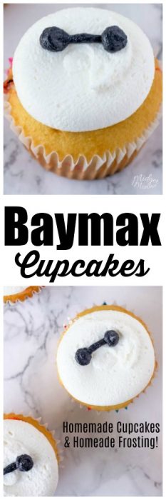 These Baymax cupcakes are easy to make and a simple Disney Cupcake. #Baymax #BigHero6 #Disney #Cupcakes #HomemadeCupcakes #DisneyCupcakes