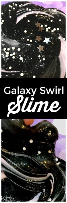 This Galaxy Swirls slime Recipe is made with no borax homemade slime. A mix of black slime and pink slime with fun slime add ins this easy slime recipe is one the kids will love. #slime #blackslime #pinkslime #HomemadeSlime #GalaxySlime #NoBoraxSlime #EasySlime