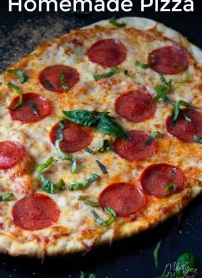 This homemade pepperoni pizza is a family favorite! Made with homemade pizza dough, this makes not only for a tasty dinner but family fun while everyone gets involved making homemade pizza. #Pizza #HomemadePizza #pepperoni #HomemadeCrust #PizzaSauce #PizzaCrust #pepperoniPizza