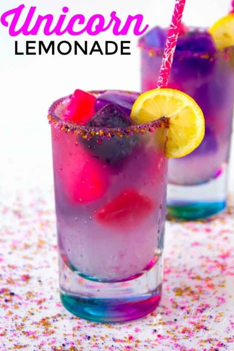 Unicorn lemonade is a fun and tasty color changing drink. Magical just like unicorns but super tasty this unicorn drink will be a hit for everyone. If you are a fan of the Unicorn Lemonade Starbucks drink then you are going to love making this fruity unicorn lemonade drink at home. This easy lemonade recipe is made with homemade lemonade! #Unicorn #Lemonade #HomemadeLemonade #unicorndrink #unicornfood #LemonadeRecipe