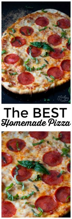 This homemade pepperoni pizza is a family favorite! Made with homemade pizza dough, this makes not only for a tasty dinner but family fun while everyone gets involved making homemade pizza. #Pizza #HomemadePizza #pepperoni #HomemadeCrust #PizzaSauce #PizzaCrust #pepperoniPizza
