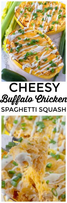 This easy buffalo chicken spaghetti squash is a baked spaghetti squash recipe. This cheesy spaghetti squash recipe with chicken is one the whole family will love. #Chicken #SpaghettiSquash #Baked #Cheese #dinner #Squash #SpaghettiSquashRecipe