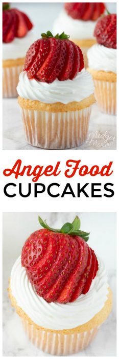 This Angel food cake cupcake recipe is the perfect summer dessert. Homemade angel food cupcakes are light, fluffy and perfectly sweet! Top these homemade cupcakes made with homemade angel food cake with a tasty cool whip frosting and fresh berries. #Strawberry #Berries #Cupcake #AngelFood #AngelFoodCake #AngelFoodCupcake