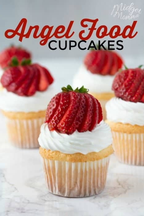 This Angel food cake cupcake recipe is the perfect summer dessert. Homemade angel food cupcakes are light, fluffy and perfectly sweet! Top these homemade cupcakes made with homemade angel food cake with a tasty cool whip frosting and fresh berries. #Strawberry #Berries #Cupcake #AngelFood #AngelFoodCake #AngelFoodCupcake