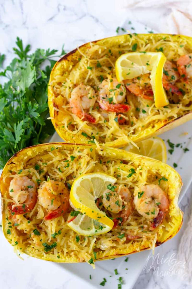 Shrimp Scampi Spaghetti Squash • MidgetMomma