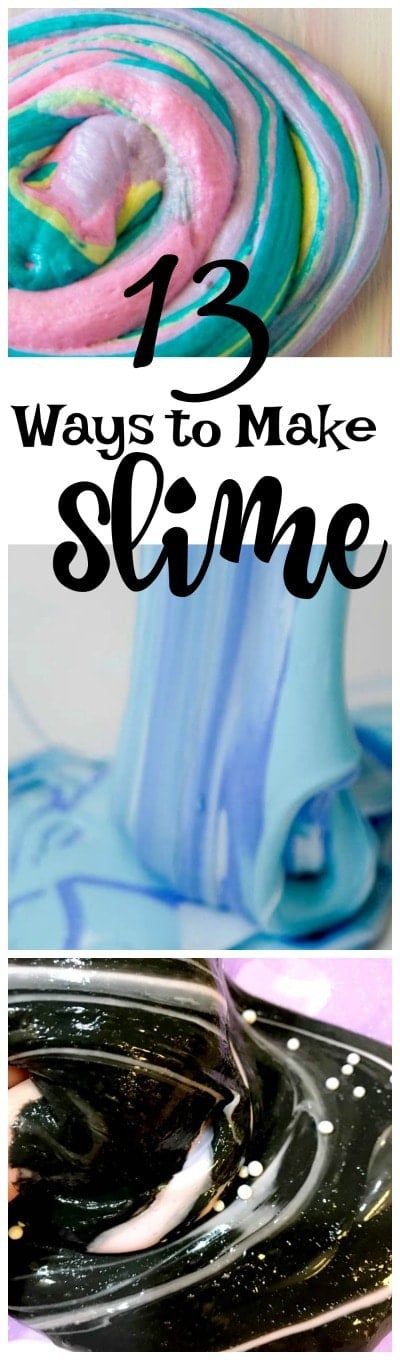 Wondering how to make slime? You are in luck! Here are 13 different ways to make slime, from fluffy slime, to stretchy slime, and even edible slime! #Slime #GlitterSlime #EasySlime #edibleSlime #homemadeSlime #FluffySlime #NoBoraxSlime #CandySlime #PuddingSlime #HomemadeSlimeRecipe #StretchySlime #OzzeySlime 