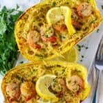 This low carb Shrimp Scampi Spaghetti Squash Recipe is the perfect healthier alternative to the shrimp scampi pasta dish and easy to make! #LowCarb #Squash #Shrimp #SpaghettiSquash #Keto #KetoRecipe #lowCarbDinner #LowCarbChicken #ShrimpScampi