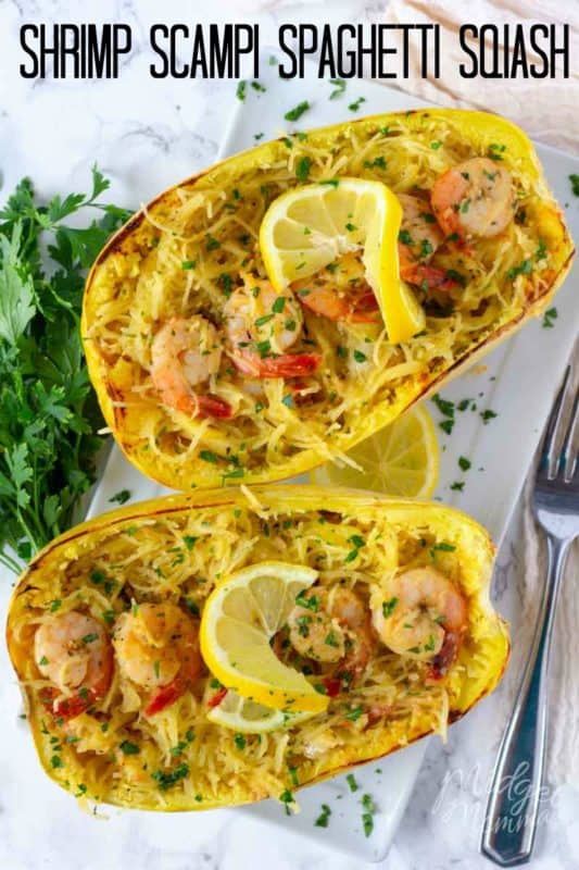 This low carb Shrimp Scampi Spaghetti Squash Recipe is the perfect healthier alternative to the shrimp scampi pasta dish and easy to make! #LowCarb #Squash #Shrimp #SpaghettiSquash #Keto #KetoRecipe #lowCarbDinner #LowCarbChicken #ShrimpScampi