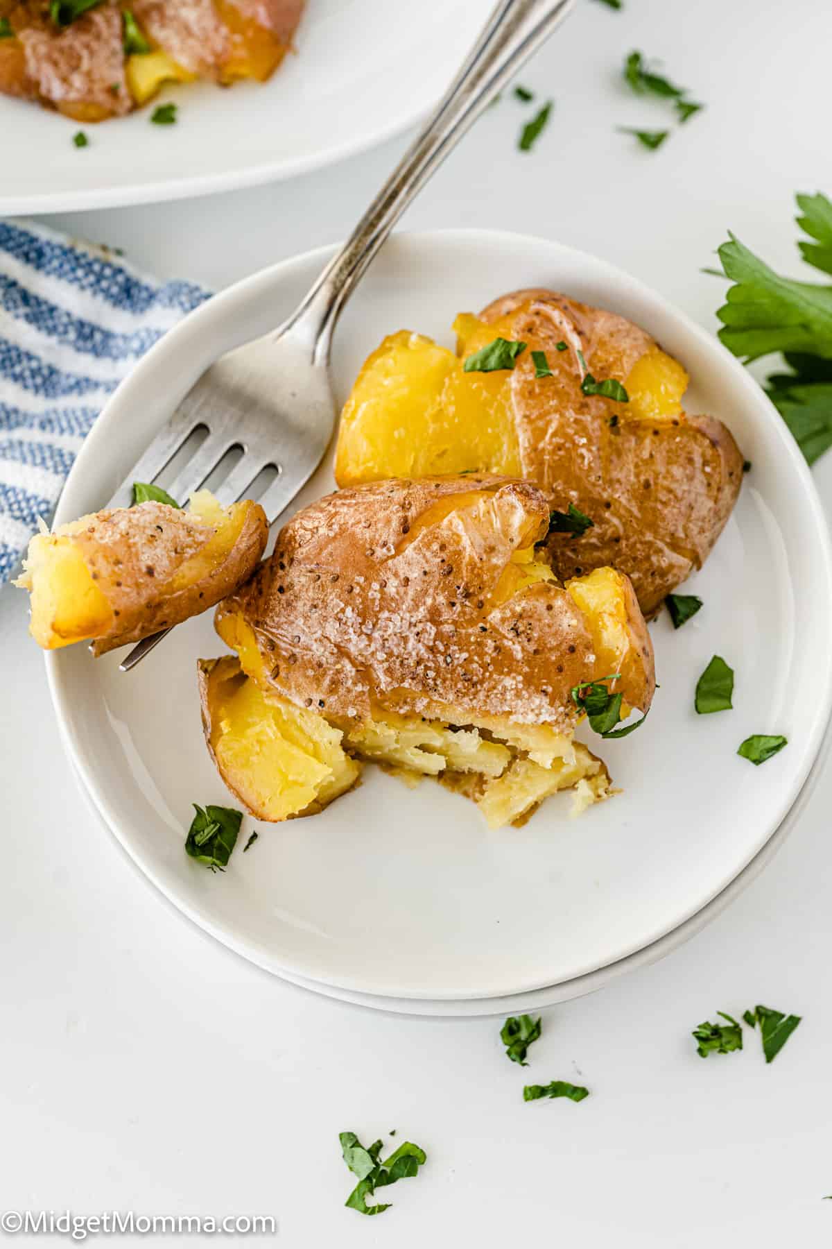 bite of Easy Crispy smashed potatoes on a fork