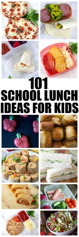 101 School Lunches Ideas For Kids (That they will actually eat!) Looking for lunch ideas for kids? You are in luck with this huge list of ids lunch ideas! All of these easy lunch ideas can be packed in the lunch box for kids school lunches! #backtoschool #kids #kidslunches #Schoollunches #Schoollunch #EasyLunch #EasyLunchForKids