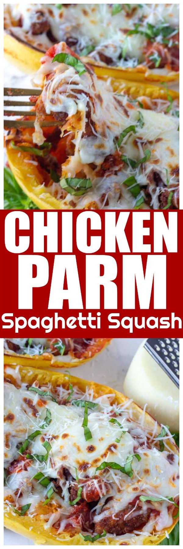 Chicken Parmesan Spaghetti Squash is an amazing tasting, healthier version of traditional Chicken Parmesan! Easy baked chicken parmesan recipe that is amazing. Trade out the pasta and enjoy this Chicken Parmesan Spaghetti Squash Recipe. #Chicken #ChickenParm #SpaghettiSquash #SpaghettiSquashRecipe #ChickenParmesan #ChickenParmesanRecipe #ChickenParmesanSquash #ChickenParmesanSpaghettiSquash